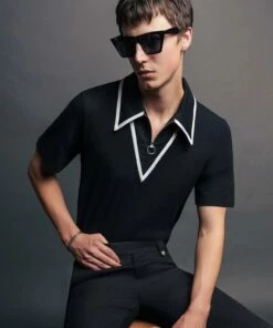 Front Page 13 Black Carnaby Circle Zip Cotton Polo Shirt