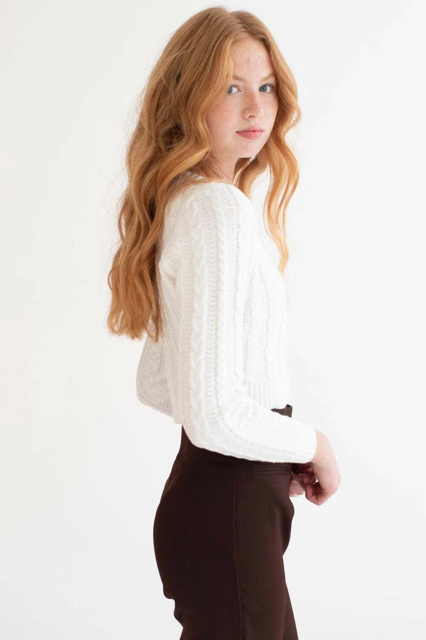 White Cable Knit Cropped Sweater 4 White Cable Knit Cropped Sweater - Image 4