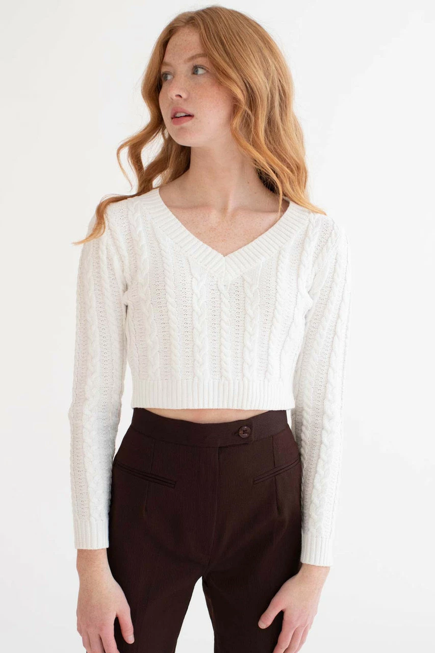 White Cable Knit Cropped Sweater 2 White Cable Knit Cropped Sweater - Image 2