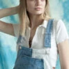 White Color Blocked Denim Overall Shorts