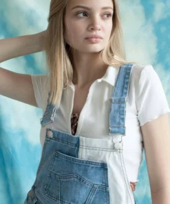 White Color Blocked Denim Overall Shorts