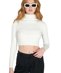 White Crop Ribbed Turtle Neck Sweater
