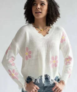 White Daisy Frayed Sweater