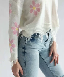 White Daisy Frayed Sweater -US Clothing Shop white daisy frayed sweater 3 30595.1692388984